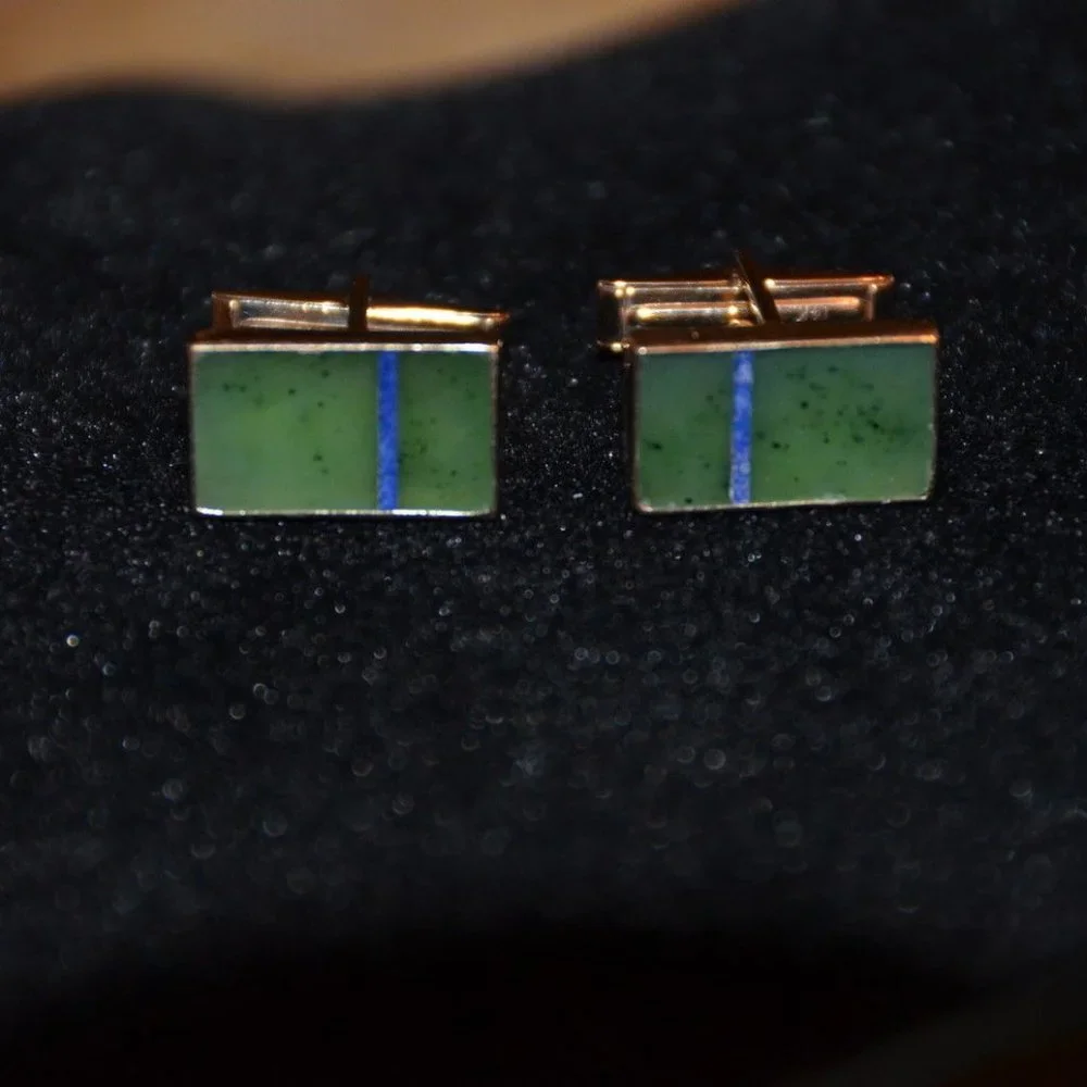 RARE DESIGNER VINTAGE GUMPS GREEN JADE JADEITE LAPIS LAZULI 14K GOLD CUFFLINKS